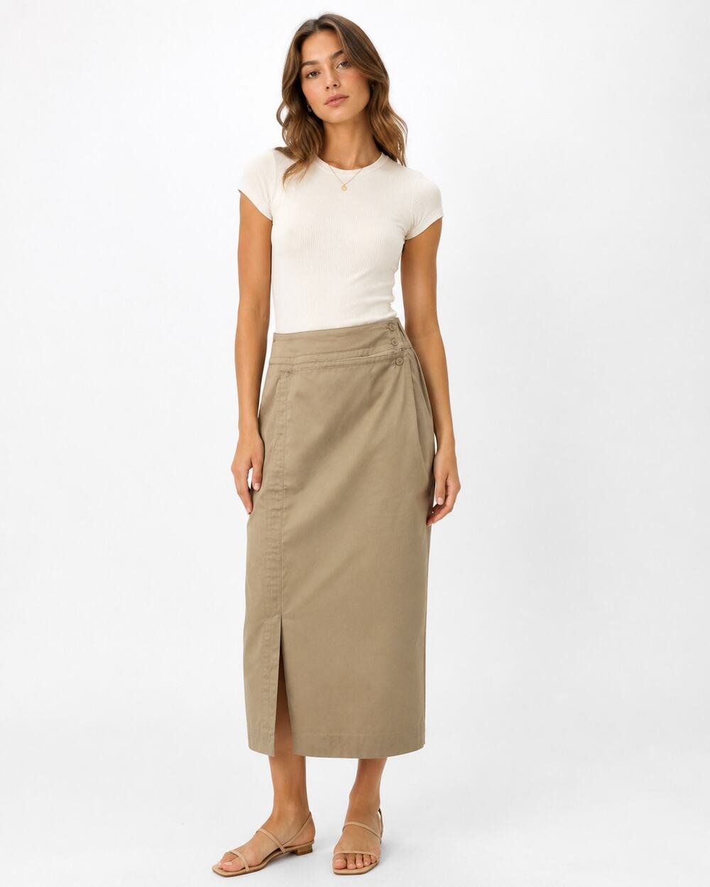 Vintage Khaki Wrap Midi Skirt 70s Safari Style by Giorgio Sant’Angelo